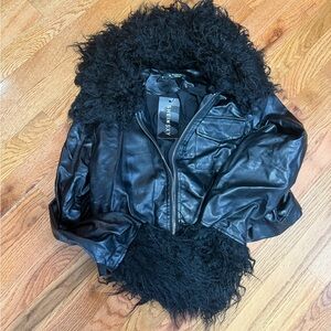SHEIN Black Leather Jacket with Plush Fur Collar